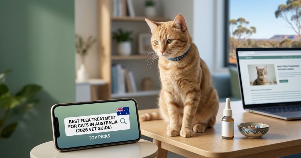 Orange tabby cat in an Australian home with a smartphone showing 2026 vet guide for best flea treatment for cats in Australia.