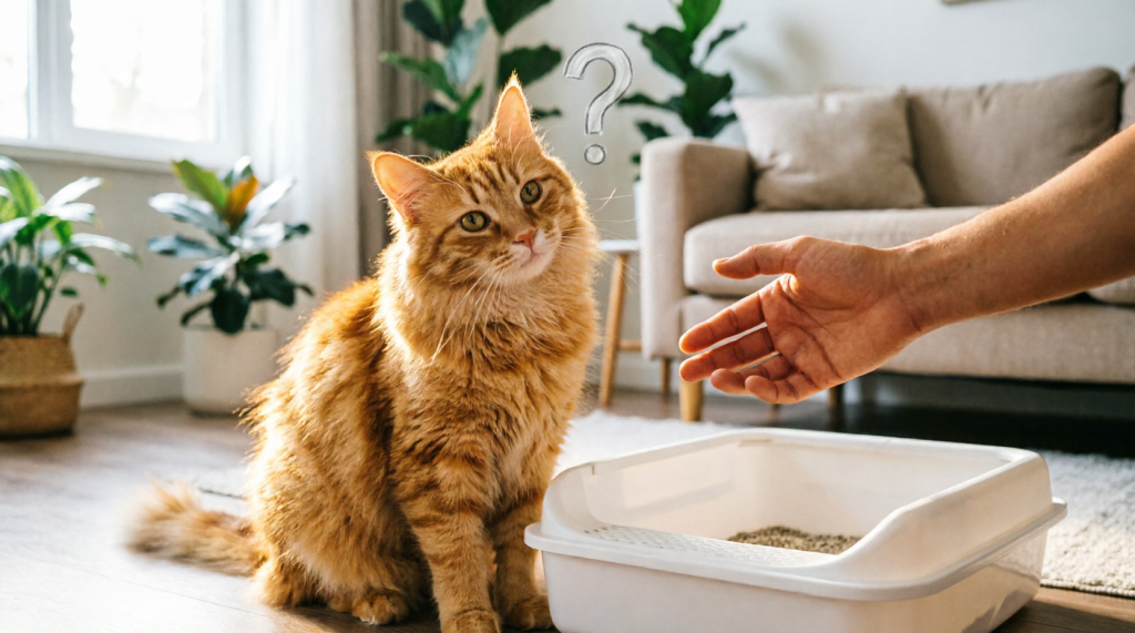 Confused orange tabby cat sitting next to clean litter box with question mark - why does my cat poop on the floor